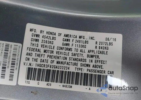 2016 Honda Accord Ex-L V-6 z USA, uszkodzony, nr VIN 1HGCR3F82GA033234